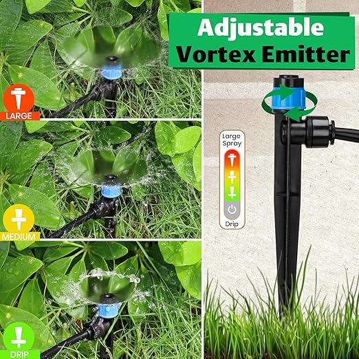 MIXC 60pcs Quick-Connect Drip Irrigation Emitters Fan Shape for 1/4" Drip Irrigation Tubing - Adjustable Push-to-Connect 360° Drip Emitters Vortex on 6" Sturdy Stake for Irrigation System