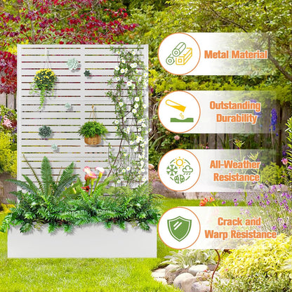Metal Planter Box with Trellis, Raised Garder Bed with Drainage Hole, Privacy Screen & Trellis for Climbing Plants, Outdoor Plant Stands, 47''L×16''W×71''H, White