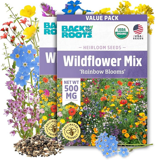 Back to The Roots 100% Organic Heirloom Seeds - Wildflower Mix Value Pack (500mg Total)