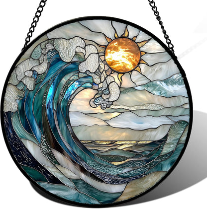 Stained Glass Window Hanging, Blue and White Waves Suncatcher Diamond Glass Panel Landscape Sun Catchers Decor for Birthday for Women, Men, Wife, Aunt, and Mom 14.9x14.9 in