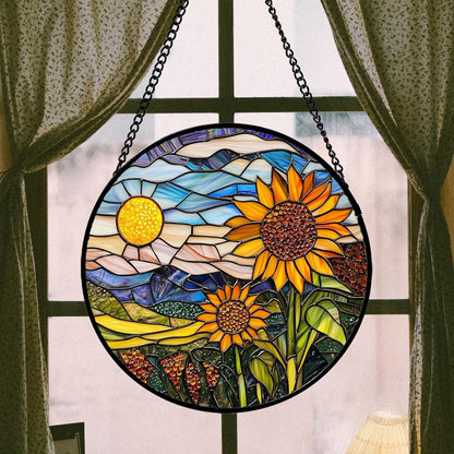 Stained Glass Suncatcher, Sunflower Flowers Landscape Sun Catcher Plant Mountains Stain Glass Window Hanging Decoration Mother's Day Birthday Gifts for Women Men Mom Nana 9.8 in