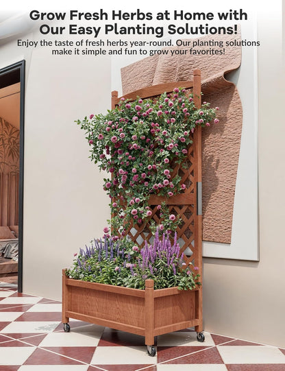 Wooden Raised Planter Box with Trellis and Wheels, 75x33x150Cm Privacy Screen Planter for Patio Garden