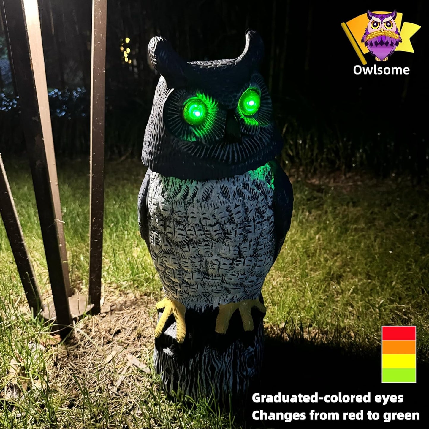 Owlsome Solar Owl with Colored Flashing Eyes, Rotating Head, Hoot Sound, Motion Detector and Silent Mode, Plastic Owl Garden Sculpture, Garden Decoration
