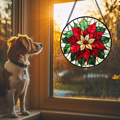 Stained Glass Window Hanging - Red Poinsettia Birth Flower Sun Catcher for Door Garden Home Decor Suncatcher Christmas Mother's Day Birthday Gifts for Women Men Mom Girl Nana Friend 11.8 in