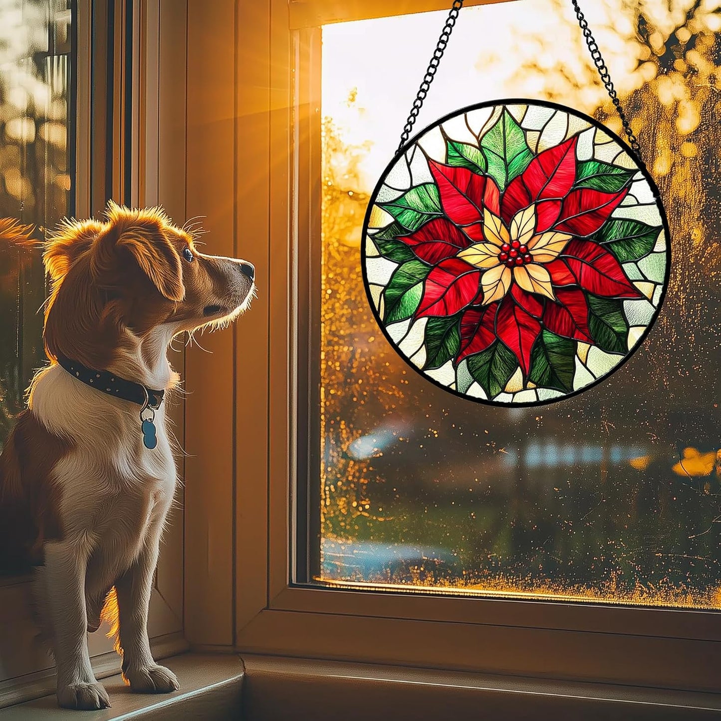 Stained Glass Window Hanging - Red Poinsettia Birth Flower Sun Catcher for Door Garden Home Decor Suncatcher Christmas Mother's Day Birthday Gifts for Women Men Mom Girl Nana Friend 7.8 in