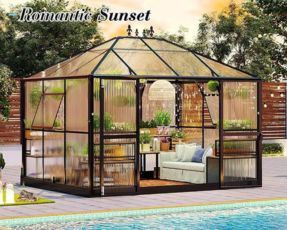 Jocisland 11x8.3x8.6 FT Polycarbonate Greenhouse- 6 FT Wall Height Outdoor Aluminum Greenhouses with 2 Ventilation and Rain Gutter, Double Doors with Hook, Walk-in Greenhouse for Backyard Garden