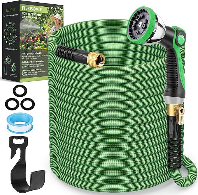 Non-Expandable Garden Hose 150 ft, Ultra Lightweight Flexible Water Hose with 10-Pattern Nozzle, Leak-Proof, High-Density Fabric, Thickened Connector, Shut-Off Valve for Yard, Lawn, Outdoor