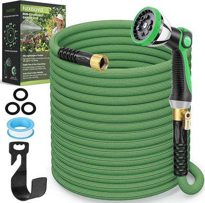 Non-Expandable Garden Hose 150 ft, Ultra Lightweight Flexible Water Hose with 10-Pattern Nozzle, Leak-Proof, High-Density Fabric, Thickened Connector, Shut-Off Valve for Yard, Lawn, Outdoor