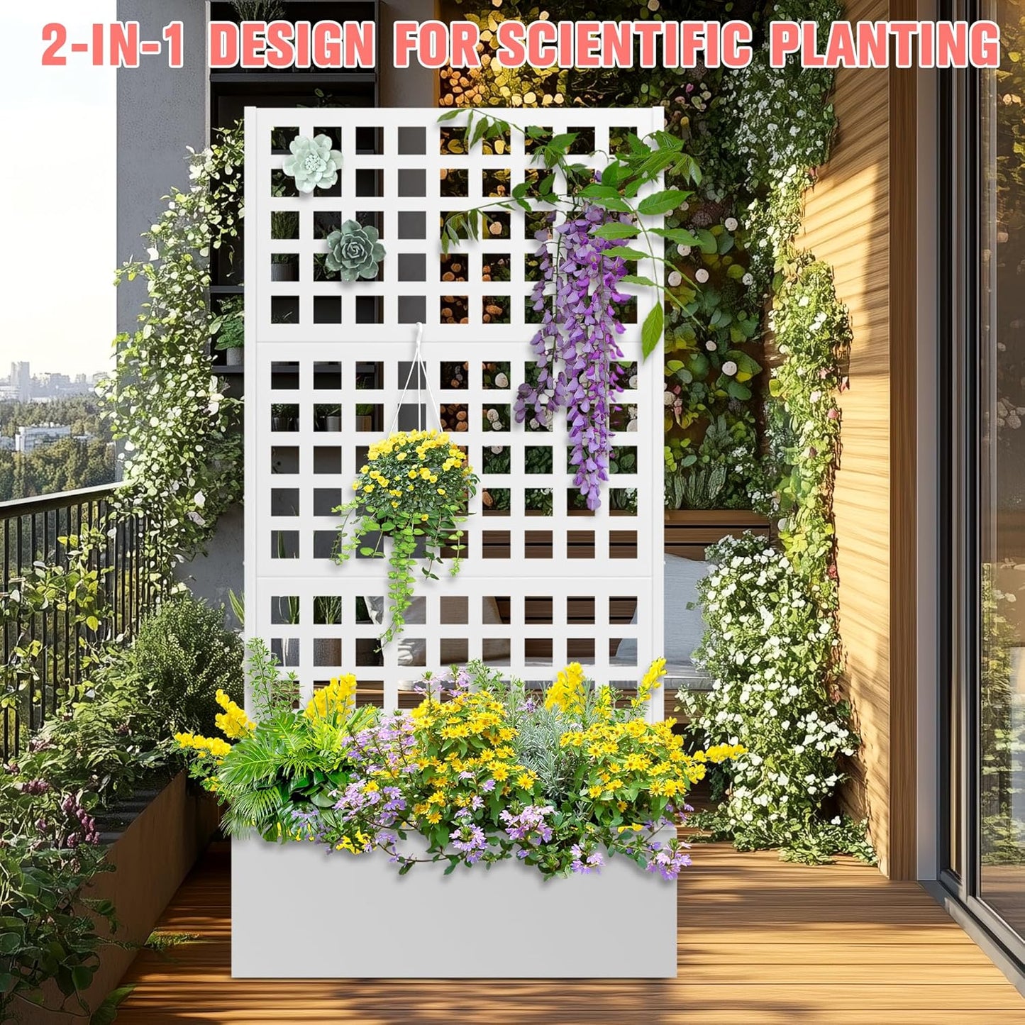 Metal Planter Box with Trellis, Raised Garder Bed with Drainage Hole, Outdoor Privacy Screen & Trellis for Climbing Plants, Plant Stands, 35''L×16''W×71''H, White