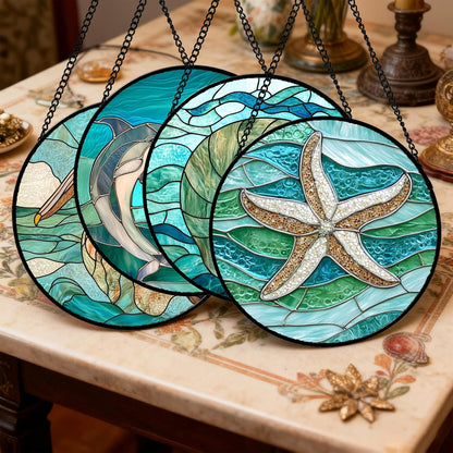 Stained Glass Window Hanging 4 Pcs Set Cyan Ocean Life Theme 6.3" - Sea Starfish Suncatcher Door Garden Sun Catcher Decor Birthday for Mom Woman Nana Men Friend