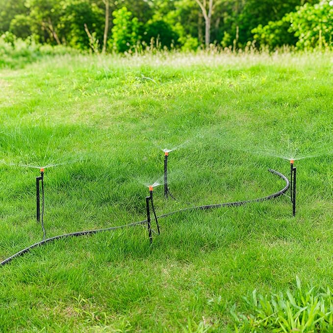 180 Degree Micro Drip Spray Emitters: 20 Set Drip Irrigation Sprinkler Heads on 12 Inch Stakes with 1/4" Tubing, Half Circle Pattern Drip Emitters for Garden Irrigation System
