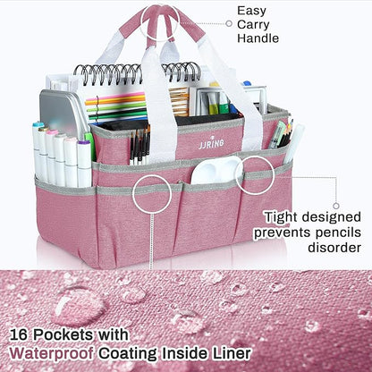 JJRING Craft Organizer Tote Bag, Art Storage Caddy with Multiple Pockets, Pink Sewing Bag for Art, Craft, Scrapbooking, School, Medical, and Office Supplies Storage