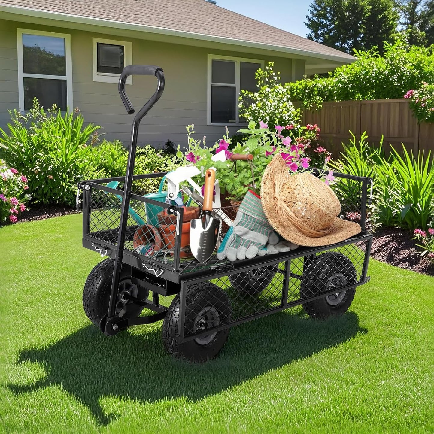 Heavy Duty Steel Garden Cart Folding Utility Wagon with Removable Cart Liner, 500 Lbs Capacity