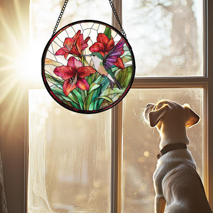 Stained Glass Window Hanging - Hummingbird On Red Lily Flower Sun Catcher for Door Garden Decor Suncatcher Christmas Mother's Day Birthday Gifts for Bird Lovers Women Men Mom Nana 6.3 in