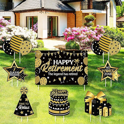 Yulejo 8 Pieces Retirement Yard Sign Decorations Happy Retirement Yard Signs Retirement Lawn Sign with Stakes for Outdoor Retirement Party Supplies 16inch (Black and Gold)