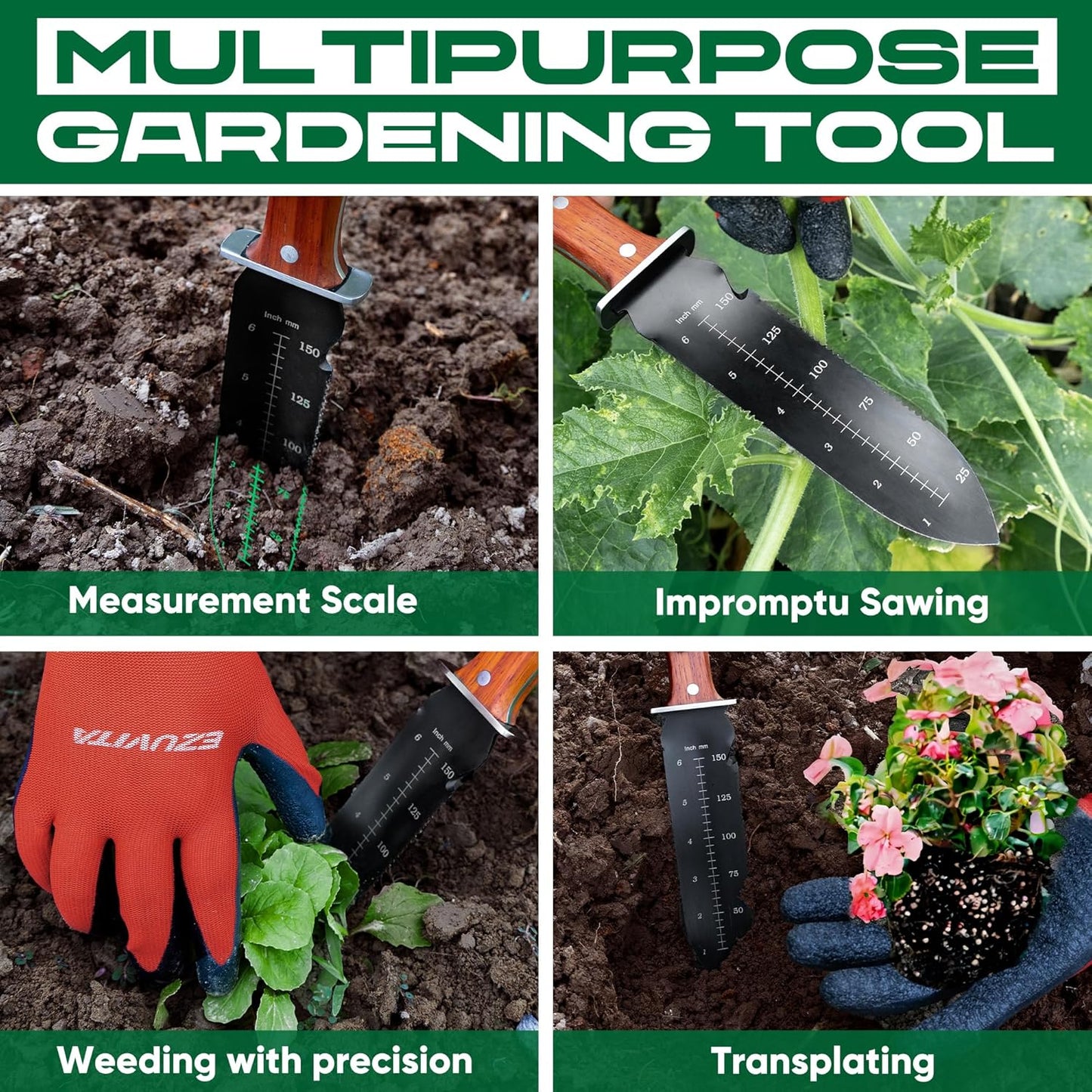 Hori Hori Garden Knife, Gardening Tools with Leather Sheath for Weeding, Gardening, Digging, 7” Stainless Steel Blade with Double Cutting Edge, Full Tang Wood Handle with Hanging Hole