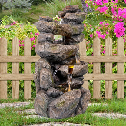 Ferrisland 31.5"H Outdoor Floor Waterfall Fountain, 5 Tier Rustic Rock Freestanding Water Fall Feature with Cascading Streams & LED Lights, Home Décor for Garden, Patio, Yard, Deck & Porch, Gift Ideas