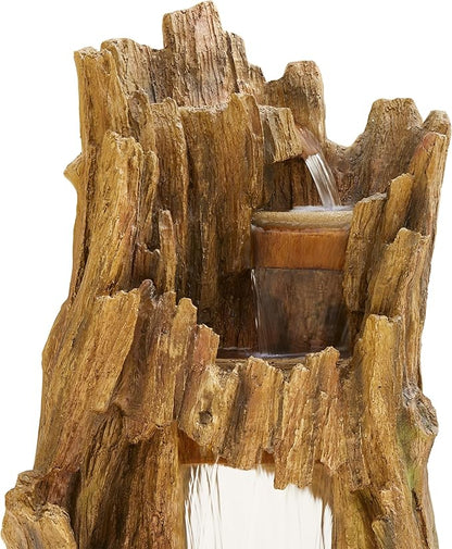 Alpine Corporation TZL338 Outdoor 3 Tier Waterfall Tree Trunk Floor Fountain with LED Lights for Patio, and Lawn Decor, 59 Inches Tall