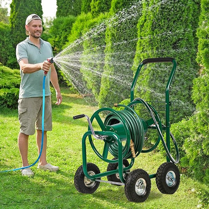 FDW Garden Hose Reel Cart, Water Hose Cart with 4 Wheels, Hold Up to 300 ft of 5/8’’ Hose，Heavy Duty Powder-Coated Steel Planting with Storage Basket, for Garden, Yard and Lawn