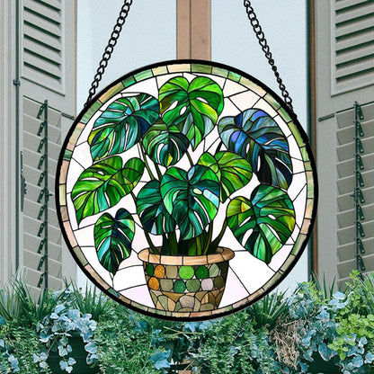 Stained Glass Window Hanging, Green Plant Monstera t Suncatcher Diamond Colorful Glass Panel Sun Catchers Decor for Birthday for Women, Men, Wife, Aunt, and Mom 14.9x14.9 in