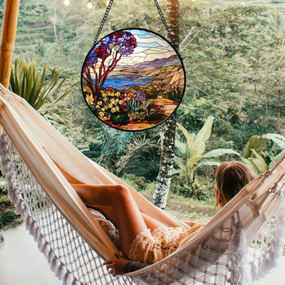 Stained Glass Window Hanging Retro Wildflowers Lake Mountain Scenery Large 15" - Suncatcher Door Garden Sun Catcher Home Decor Birthday Christmas for Mom Men Woman Friend
