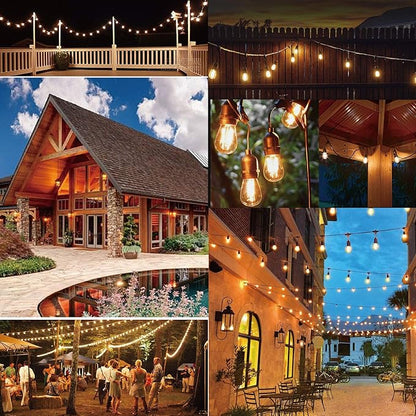 Outdoor String Lights LED 100FT Commercial Grade Heavy Duty Light String Lights with 30 Sockets 32 Shatterproof Plastic Bulbs Include 2 Spare S14 Dimmable Edison Bulbs Patio Market Cafe Light