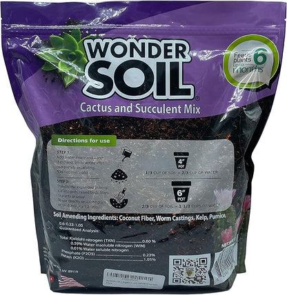 WONDER SOIL | Organic Cactus & Succulent Soil (12 Quarts). Fast Draining Ready to Plant Coco Coir Loaded w/Nutrients | 3 LBS Expands to 12 Quarts | Incl Worm Castings & Nutrients