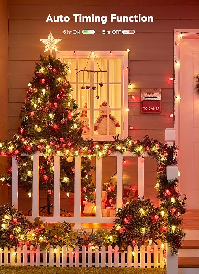 Brightown C9 Christmas Lights Outdoor, 114FT 150 LED Red and Warm White String Lights with Timer, 8 Modes, UL Listed Waterproof Connectable Christmas Tree Lights for House, Roof, Garden, Patio Decor