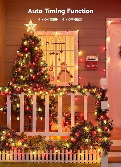Brightown C9 Christmas Lights Outdoor, 114FT 150 LED Red and Warm White String Lights with Timer, 8 Modes, UL Listed Waterproof Connectable Christmas Tree Lights for House, Roof, Garden, Patio Decor