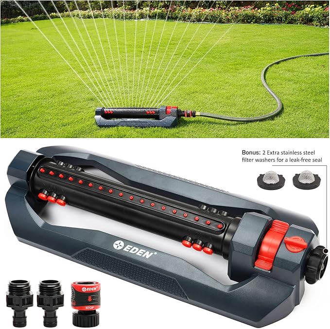 Eden 96212 Turbo Oscillating Sprinkler, Covers Up to 4,499 sq. ft., 18 Precision Nozzles, Flow and Width Controls, Adjustable Range, Triple Nozzle Switches, Quick Connects, Filters