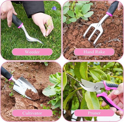 Pink Garden Tool Set Gardening Items for Women - 24PCS Heavy Duty Garden Tools with Detachable Storage Bag, Succulent Tool Set, Weeder
