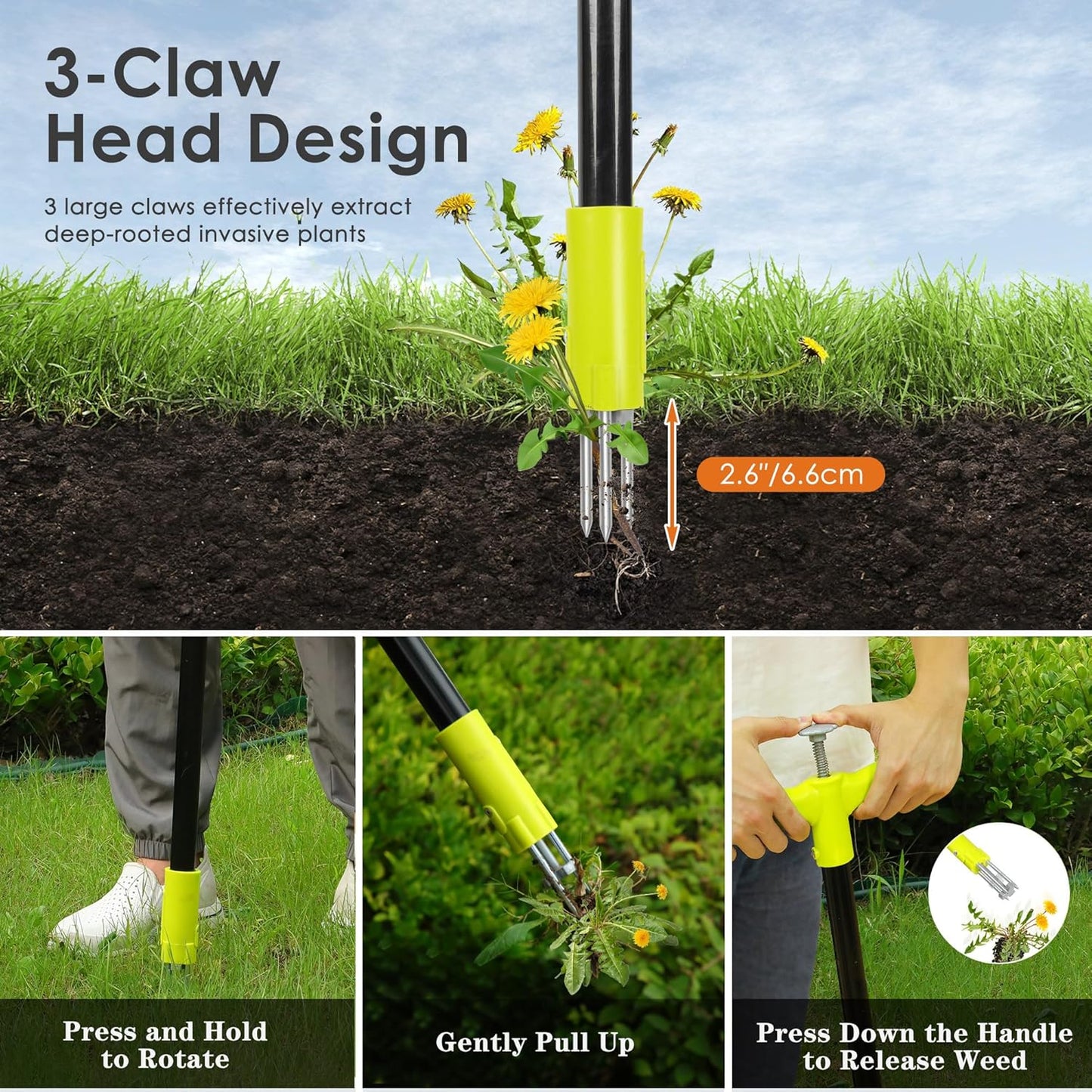 ORIENTOOLS 3 Claws Weed Puller Tool, Stand Up Weed Puller with Long Ergonomic Handle, Weed Puller Tool Stand Up Heavy Duty, Dandelion Picker, Garden Tools for Weeding, Weed Remover Tool for Lawn, Yard