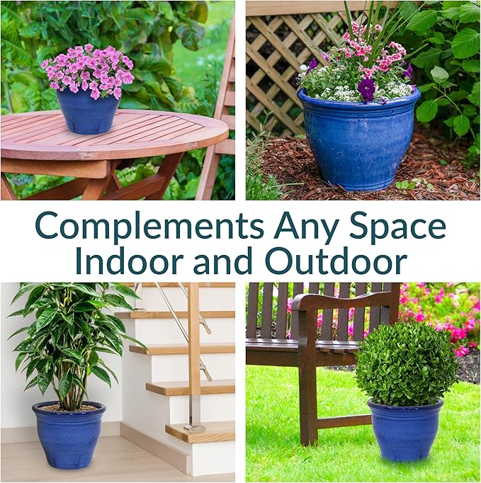 Sunnydaze Large Ceramic Plant Pot - Round Outdoor Glazed Ceramic Planter Pot with Drainage - Studio - Imperial Blue - 14.5"