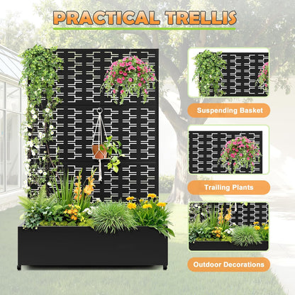 Metal Raised Garden Bed with Trellis, 2-in-1 Planter Box & Privacy Screen for Climbing Plants, Outdoor Standing Flower Bed with Drainage Holes, 47.2" L x 16.7" W x 70.8" H, Black-Brick
