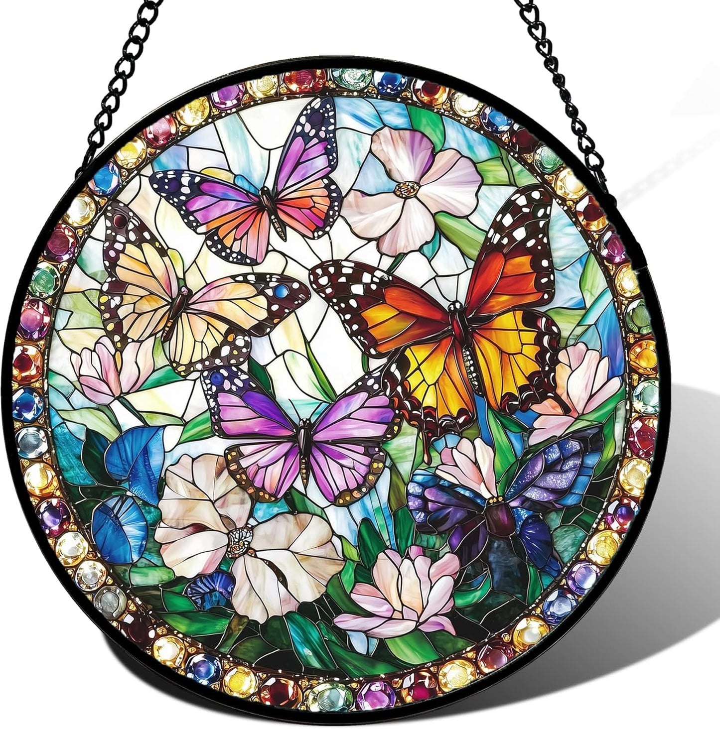 Stained Glass Window Hanging, Colorful Butterfly Suncatcher for Doors Home Sun Catchers Decoration and Christmas, Mother's Day Birthday Gifts for Women, Men, and Mom 14.9x14.9 in