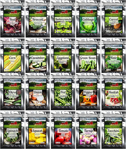 B&KM Farms 10,000 Non GMO Heirloom Vegetable Seeds for Planting Vegetables and Fruits (20 Variety Pack) - Gardening Seed Starter Kit, Survival Gear Food, Gardening Gifts, Prepper Supplies