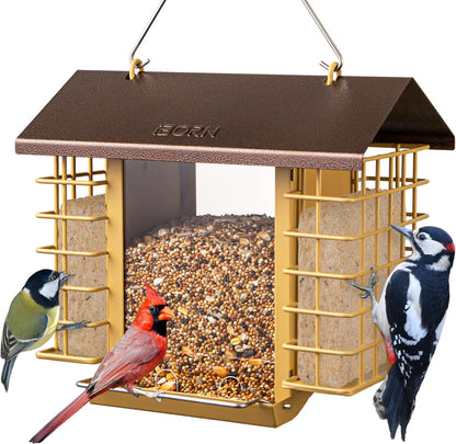 iBorn Bird Feeders for Outdoors,Bird Feeder with Double Suet Holders,Suet Feeder for Outside Hanging,Large Weatherproof Metal Roof,Easy to Refill & Clean,3.2 LBs Seed Capacity + 2X Cakes,1 Pack,Coffee