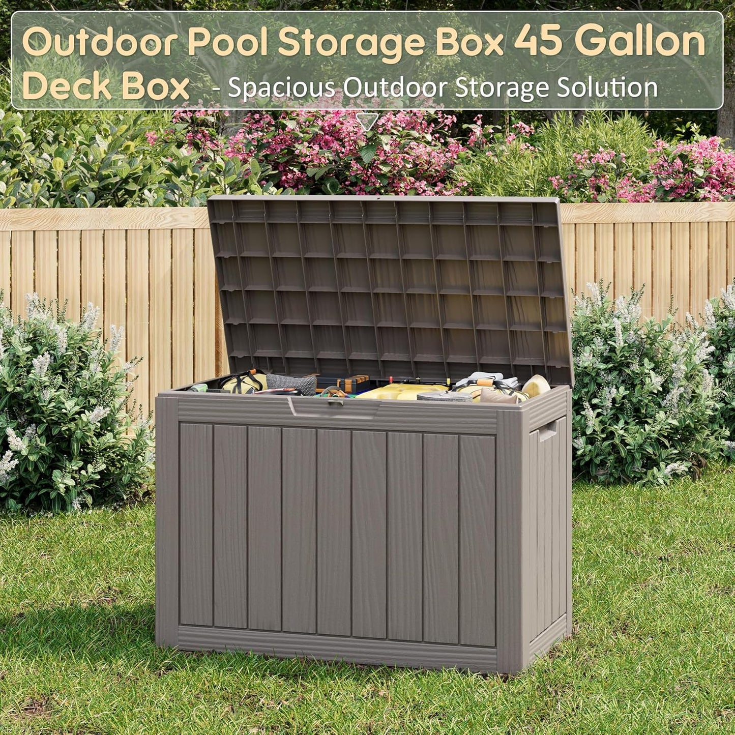 Outdoor Storage Box, Resin Deck Boxes Indoor and outdoor, Waterproof Storage Box Lockable Lid (Grey, 45 Gallon)