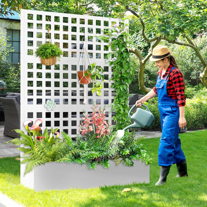 Metal Planter Box with Trellis, Raised Garder Bed with Drainage Hole, Privacy Screen & Trellis for Climbing Plants, Outdoor Plant Stands, 47''L×17''W×71''H, White