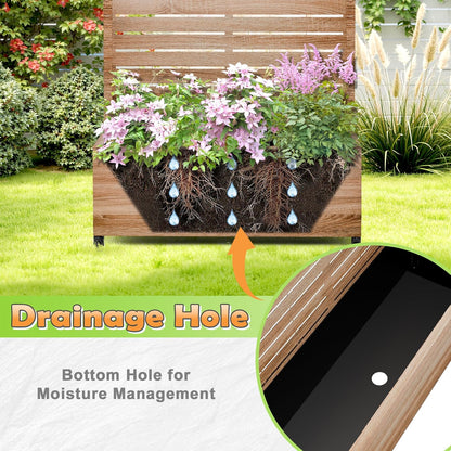 Metal Raised Garden Bed with Trellis, 2-in-1 Planter Box & Privacy Screen for Climbing Plants, Outdoor Standing Flower Bed with Drainage Holes, 35.4" L x 15.7" W x 70.1" H, Cut Oak Grain