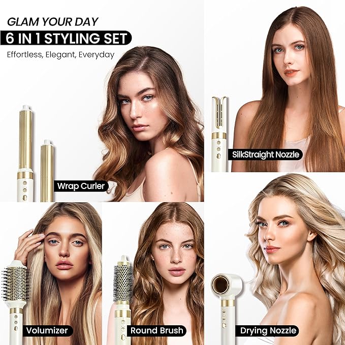 GLAMUP® 6 in 1 Hot Air Styler, Upgraded Long Barrel, Round Brush, Powerful High Speed Dryer, Tight Grip, Curling Volumizing Gift Set with Travel Bag