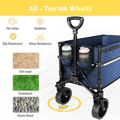 Collapsible Wagon Cart with Wheels Foldable - Folding Utility Heavy Duty Wagons Carts for Grocery Sports Garden Shopping Camping Wheelbarrows (Navy Blue, 120L)
