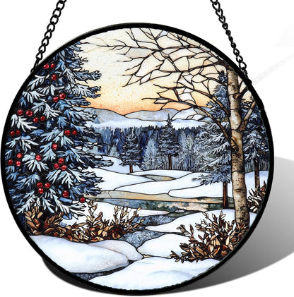 Stained Glass Window Hanging, Winter Snow Landscape Suncatcher Diamond Glass Panel Sun Catchers Decor for Birthday for Women, Men, Wife, Aunt, and Mom 14.9 in