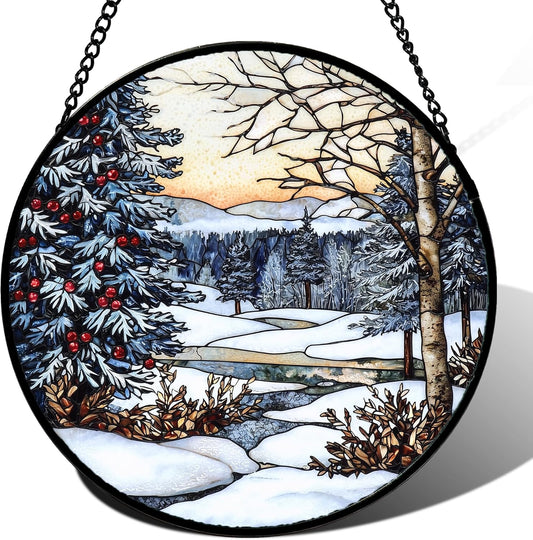 Stained Glass Window Hanging, Winter Snow Landscape Suncatcher Diamond Glass Panel Sun Catchers Decor for Birthday for Women, Men, Wife, Aunt, and Mom 14.9 in