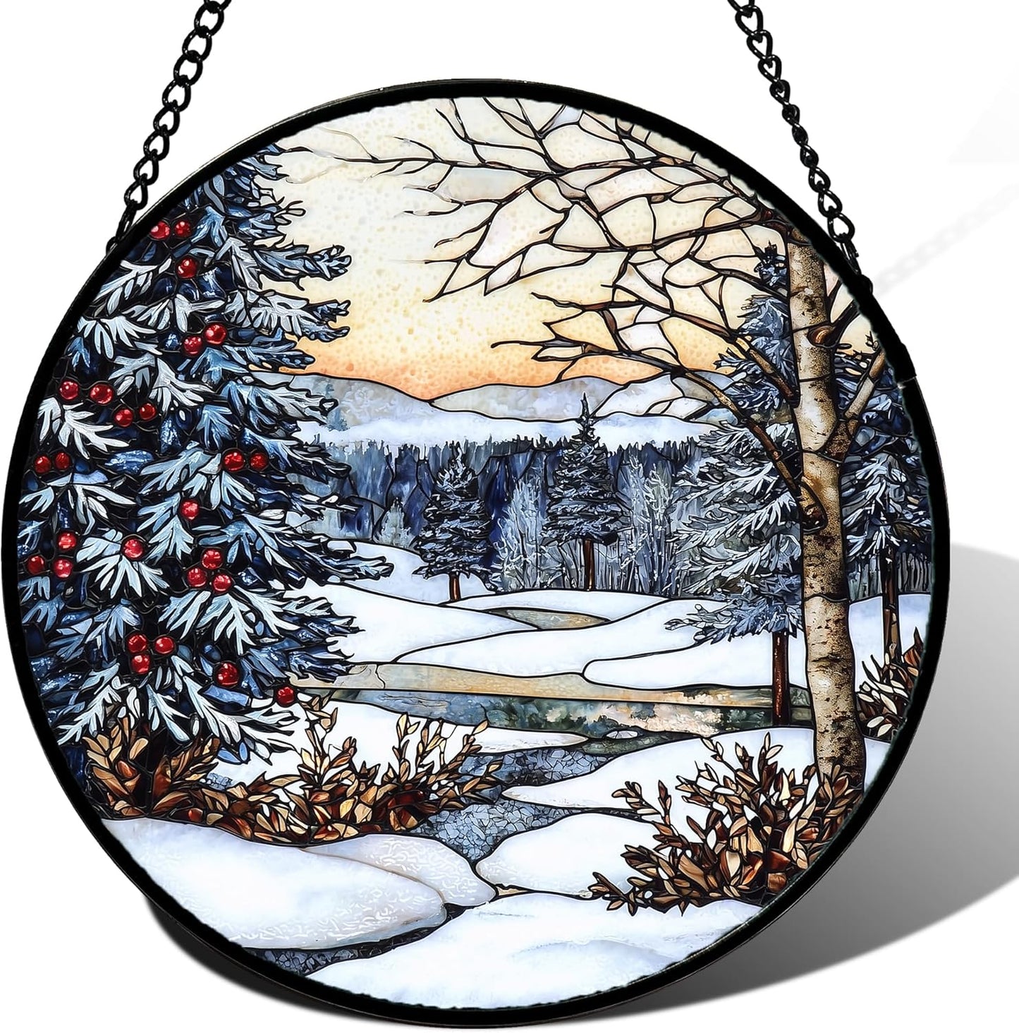 Stained Glass Window Hanging, Winter Snow Landscape Suncatcher Diamond Glass Panel Sun Catchers Decor for Birthday for Women, Men, Wife, Aunt, and Mom 11.8 in