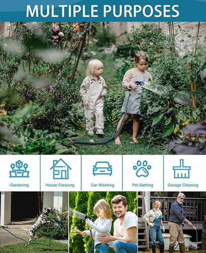 200 ft Expandable Garden Hose - Water Hose w/10 Function Spray Nozzle, Lightweight, No-Kink Flexible Hose with 3/4" Brass Fittings and 4-Layer Latex Core, 200ft Retractable Stretch Hose (Blue Black)