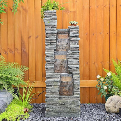47 in High Water Fountain Outdoor Garden 3 Tier Cascading Large Outdoor Fountains and Waterfalls with LED Lights for Garden, Patio, Backyard, Deck, Porch and Home Art Decor, Natural Stones