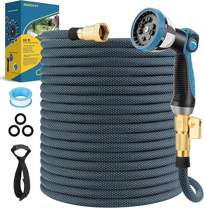Non-Expanding Garden Hose 50 ft, Flexible Water Hose with 10 Function Spray Nozzle, Lightweight Hose Pipe, Leak-Proof, Durable, Kink-Resistant, 3/4 Inch Connector, Portable Storage Strap