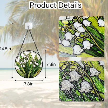 Stained Glass Window Hanging, Lily of The Valley Flower Sun Catchers Colorful Glass Panel Green Plants Suncatcher Decor for Birthday for Women,Men,Wife, Lovers, and Mom 7.8 in