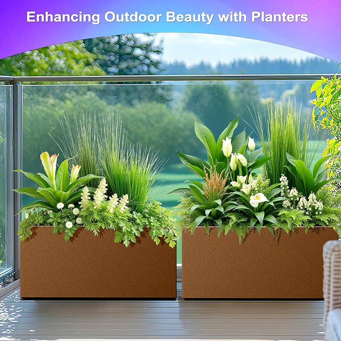 Tall Metal Planter, 10" W×16.3" H Large Rectangular Planter Box for Outdoor or Indoor, All-Weather Durable Plant Box with Drainage Holes & Removable Shelf for Patio, Porch, Garden, Trees, Flowers